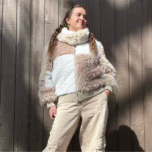 Avec Les Filles Colorblock Faux Fur Bomber Jacket Cozy Sherpa Teddy Coat Large